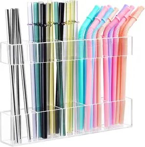 9.5” Large Acrylic Straw Holder Rack - 2-Layer Straight-Bar, Ultra-Sticky Adhesive Squares, Reusable Adjustable Transparent Storage Dispenser for Kitchen Counter, Cabinet Door (1 Pack)