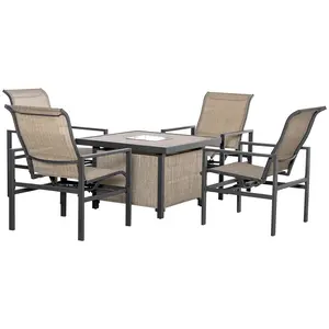 5-Piece All-Weather Wicker Outdoor Garden Patio Dining Set - Beige Table with Built-in Ice Bucket Insert, 4 Rocking Chairs for Backyard, Poolside