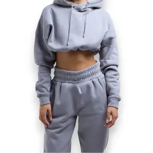 Women’s Crop Top 2 Piece Jogger Set - Midriff-Baring Long Sleeve Hoodie & Drawstring Pants Tracksuit Casual Sweatsuit Outfit Clothing Winter Grey Womenswear joggers men tech fleece tracksuit Black Polyester