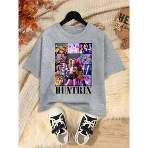 Girls Kpop Demon Hunters Pattern Short Sleeve Top, Cartoon Anime Print, Summer Fashion Streetwear Casual T-Shirt, Daily Wear Outdoor Leisure