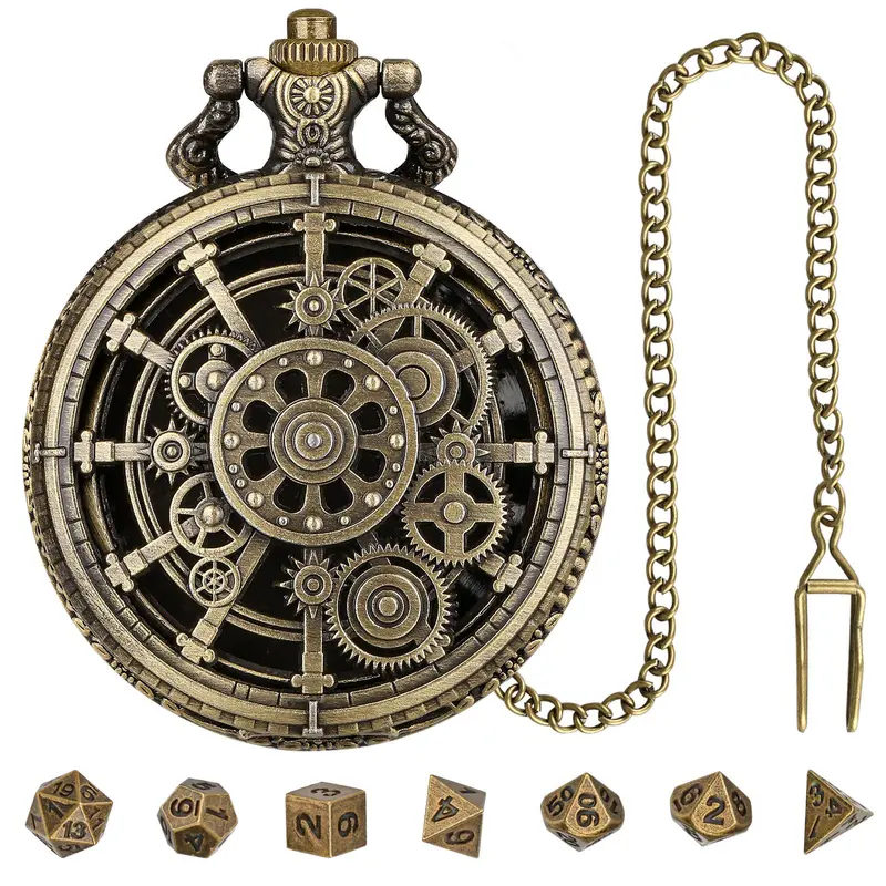 Punk Gear Design Watch Case with Chain & Dice, 1 Set Vintage Style Watch Case with Polyhedral Mini Dice, Party Game Accessories for Men & Women, Fashionable Watch Accessories, Christmas Gift