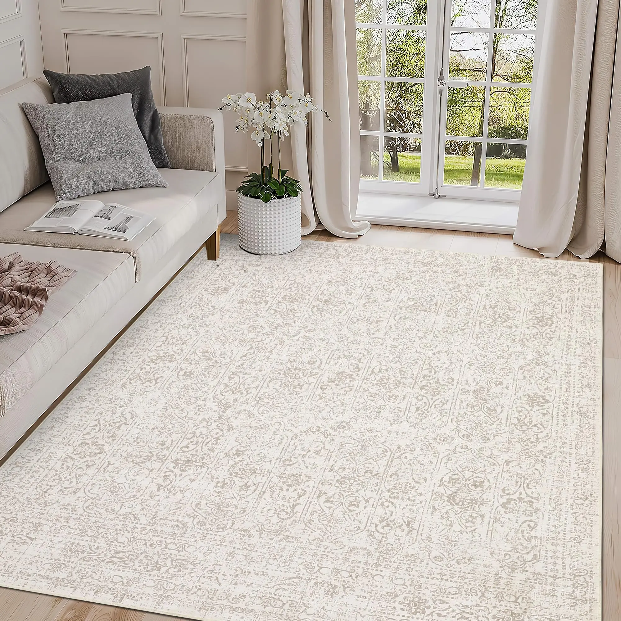 GARVEE Washable 9x12 Large Vintage Distressed Area Rug for Living Room, Bedroom, Dining Room - Soft, Neutral Farmhouse Accent with Tribal Design and No Slip Backing