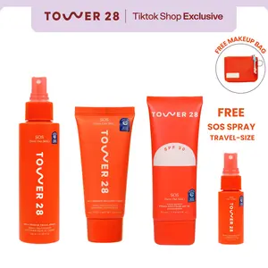 Tower 28 SOS Bundle: SOS Rescue Spray, Recovery Cream, Face Guard SPF 30 (+ FREE Mini SOS Rescue Spray + Makeup Bag)