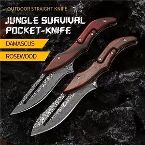 Damascus Steel Folding Pocket Knife with Rosewood Handle, Sharp Utility Cutting Tool for Daily Use