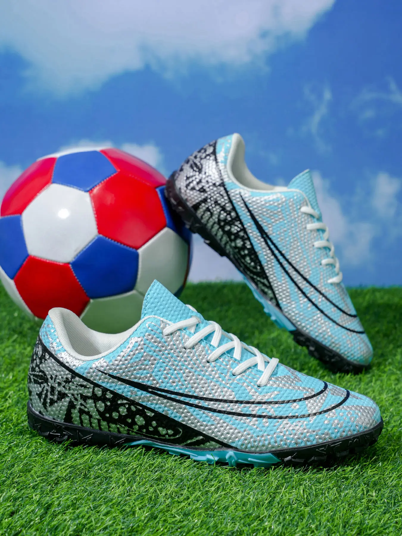 Parent-Child Blue-White-Purple Color-Block Pattern Breathable Paneled Turf Football Shoes, Football Boots, Breathable Paneled Material + Professional Turf Studs