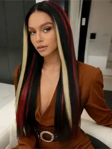 7X5 Black Red Blonde Highlight Lace Front Wig  Skunk Stripe Highlight Straight Wig Free Part Pre Plucked Natural Hairline Heat-Resistant Fiber Concert Look Straight Wig Coachella Festival Look Lace Frontal Wigs Women Daily Wear 28 Inches