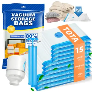 New Release 2025 Vacuum Storage Bags 15 Pack with Electric Pump & Hand Pump, Extra Strong Space Saver Compression Bags for Clothes, Comforters, Blankets, Luggage, Suitcase, Travel Essentials, Easy Seal & Reusable for Long-Term Storage