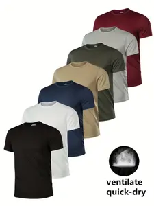Men's Quick-Dry Breathable Short Sleeve Plain T-Shirts, Summer Cool Fabric, Tropical, Sweat-Wicking, Loose-Fit, Casual Daily Wear, 7 Pack