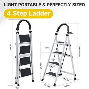 4-Step Ladder, Folding Step Stool, Maximum Load Capacity 330 lbs, Sturdy Steel, Non-Slip Treads, Lightweight, Portable Steel Ladder with Convenient Handrails, Safe Design for Home and Work, White
