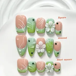 Live | CuraTique | Green Jade Bloom 10PCS Handmade Press On Nails REUSABLE 3D Gel Spring 2026 / Light Luxury、Lovely、Gorgeous