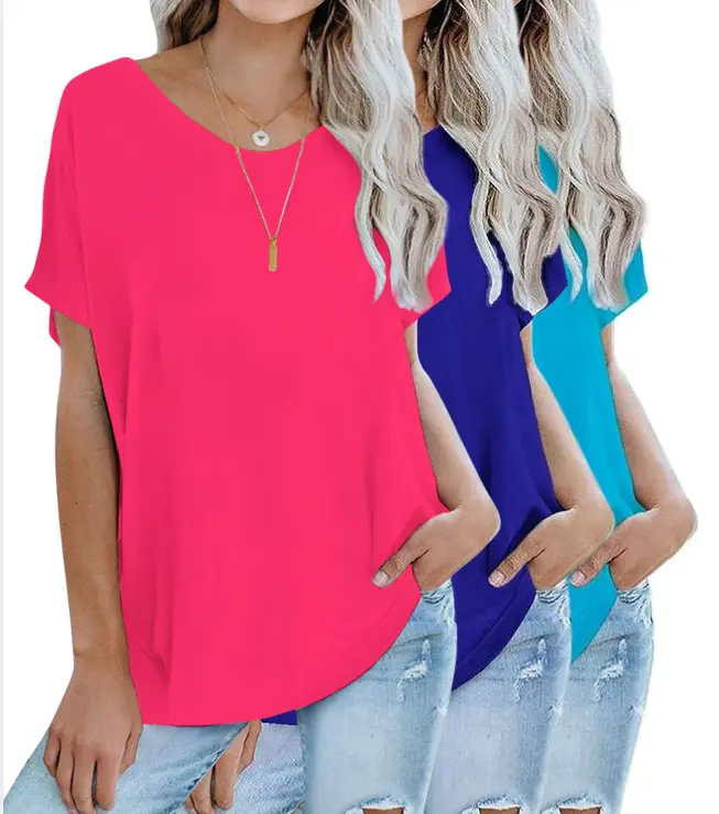 Women's Oversized Crew Neck Short Sleeve T-Shirt in Coral - Lightweight & Soft Rayon Fabric - Casual Summer Top