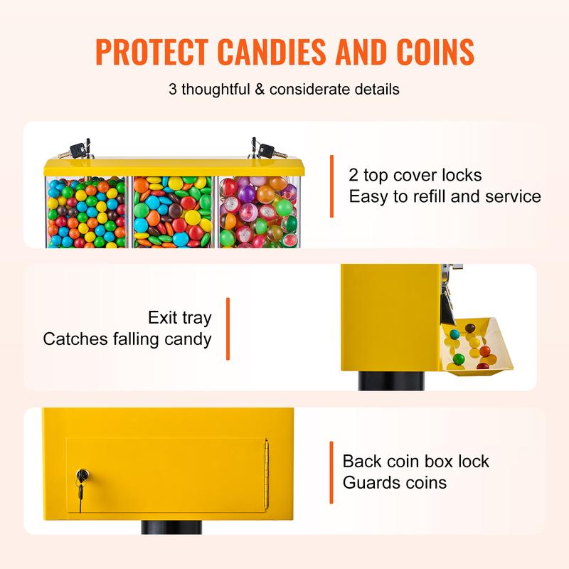 VEVOR Commercial Vending Machine,  , Triple Compartment Candy Dispenser with Iron Stand, Gumball and Candy Machine for Business, Coin Operated Gumball Bank for Toy Capsules Bouncy Balls Candy Nut, Yellow