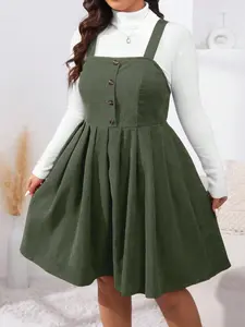 【Plus Size】 Solid Color Corduroy Overalls Dress, Casual Fashion Pinafore Dress for Daily Outdoor Wear, Women Plus Clothing for Summer