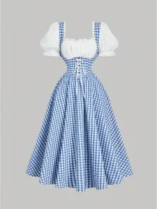 Vintage Plaid Patchwork Babydoll Dress, Women's Casual Fitted Dress, All Seasons Fashion, Boho Beach Vacation, Bohemian, Spring