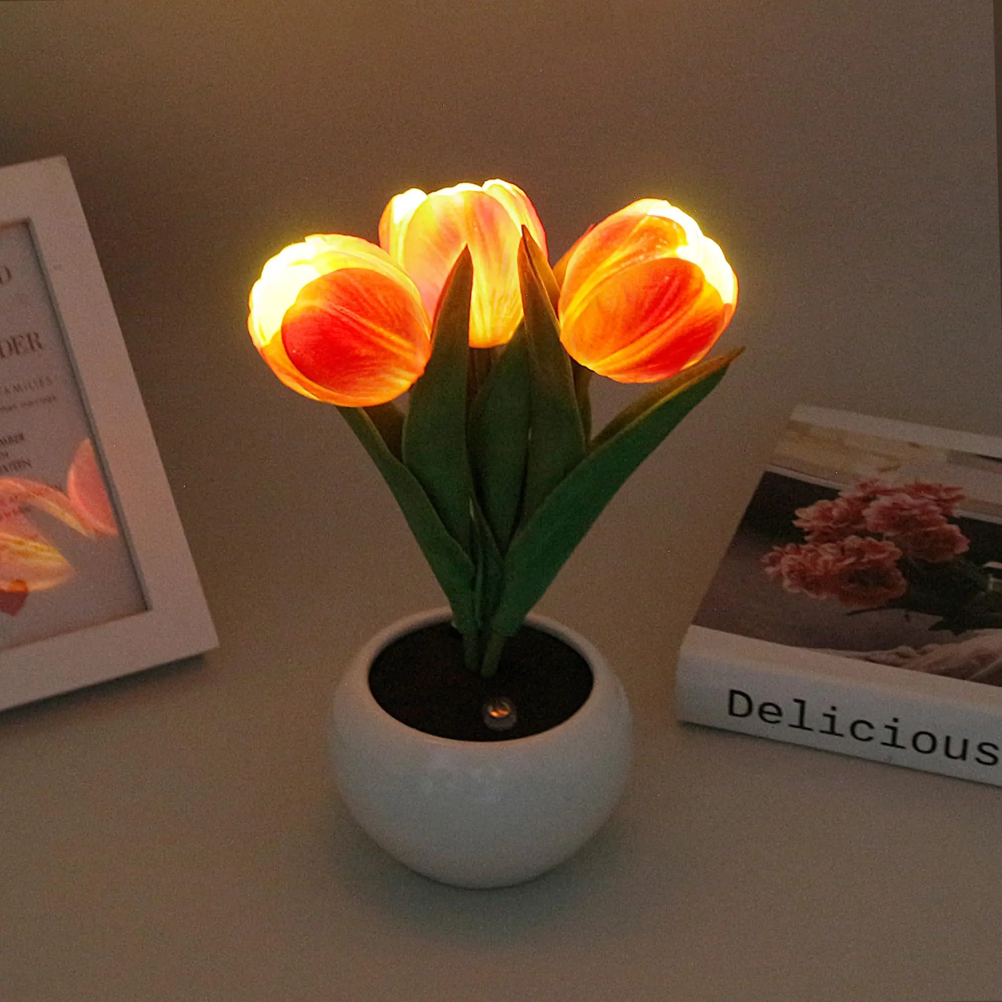 Lifnatty Tulip Flower Design Lamp - Rechargeable Dimmable Light, Compact Decorative Ambient Lamp, Cottagecore Bedroom Decor for Festive Mom Birthday Gifts
