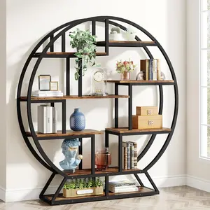 LITTLE TREE Bookshelf, Round Bookshelves Etagere Bookcase, 63 Inch Industrial Wood Book Shelf with Staggered Shelves, Rustic Open Shelving Organizer Rack Display Shelf for Home Office, Living Room
