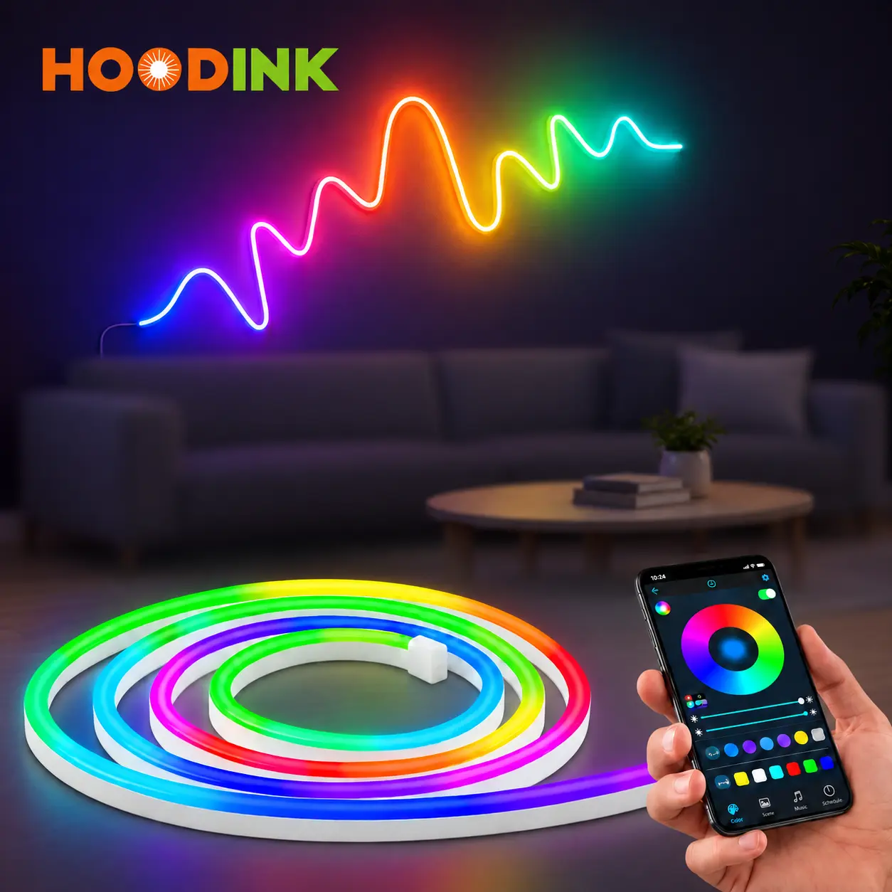 HOODINK Multi-Size USB Powered RGB LED Strip Lights - Bluetooth App, IR Remote, Button Control, Colorful Glow, Music Sync, Dimmable Brightness, Timer, Built-in Mic, 47 Light Modes for Room, Party, Bathroom Decor, Led Lights Bathroom