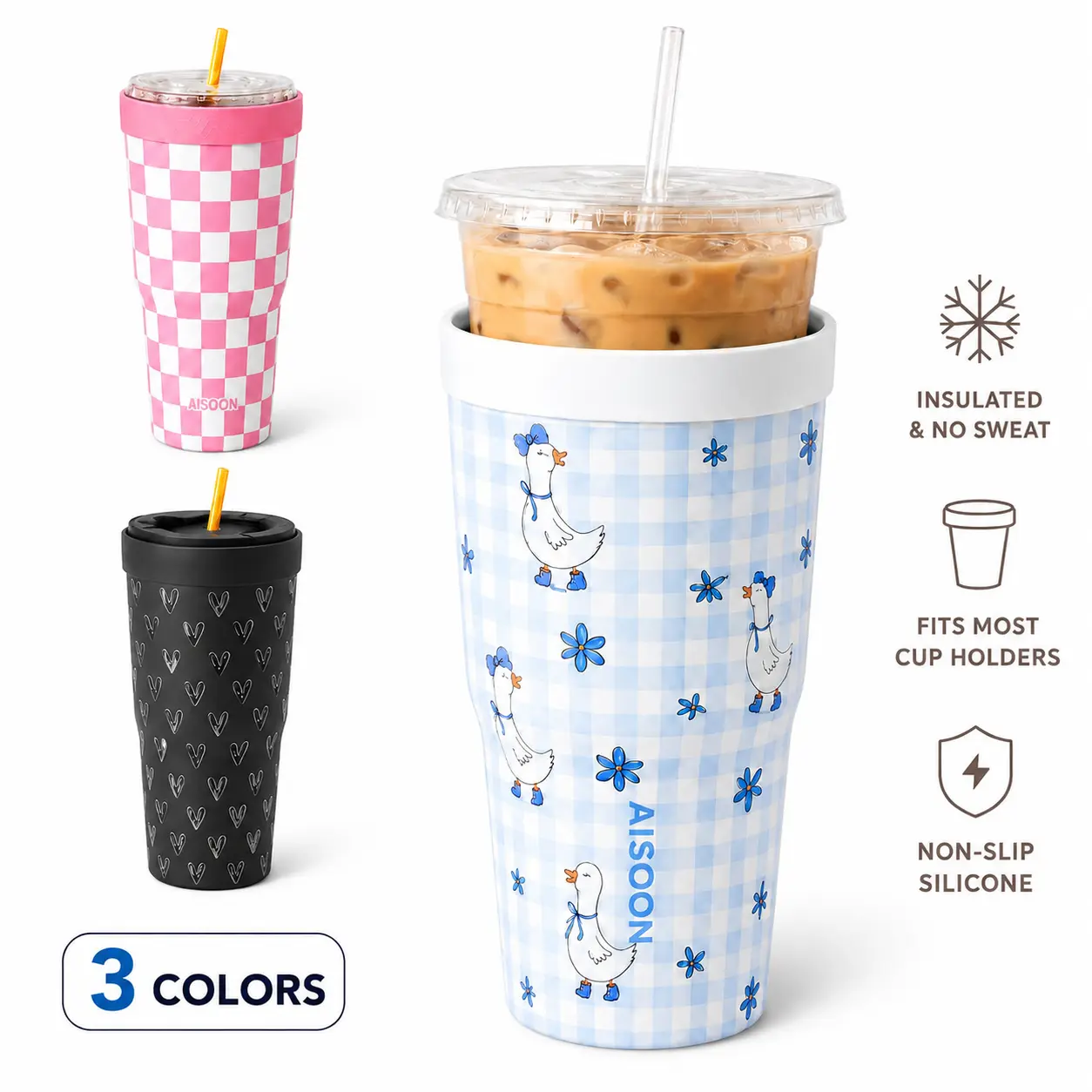 AISOON Iced Coffee Cup Holder for 16–24 oz Takeout Cups, Stainless Steel Insulated Coffee Tumbler Sleeve with Silicone Ring, Reusable To-Go Cup Holder with Clear Lid and Straw, Keeps Hands Dry