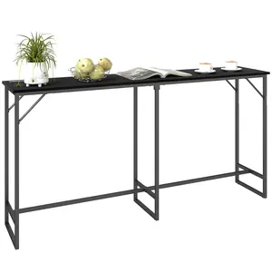 HOMCOM 70" Long Counter Height Table  with Charging Station, Industrial Style Rectangular Bar Table with Steel Frame for Dining Room, Kitchen, Black Wood Grain