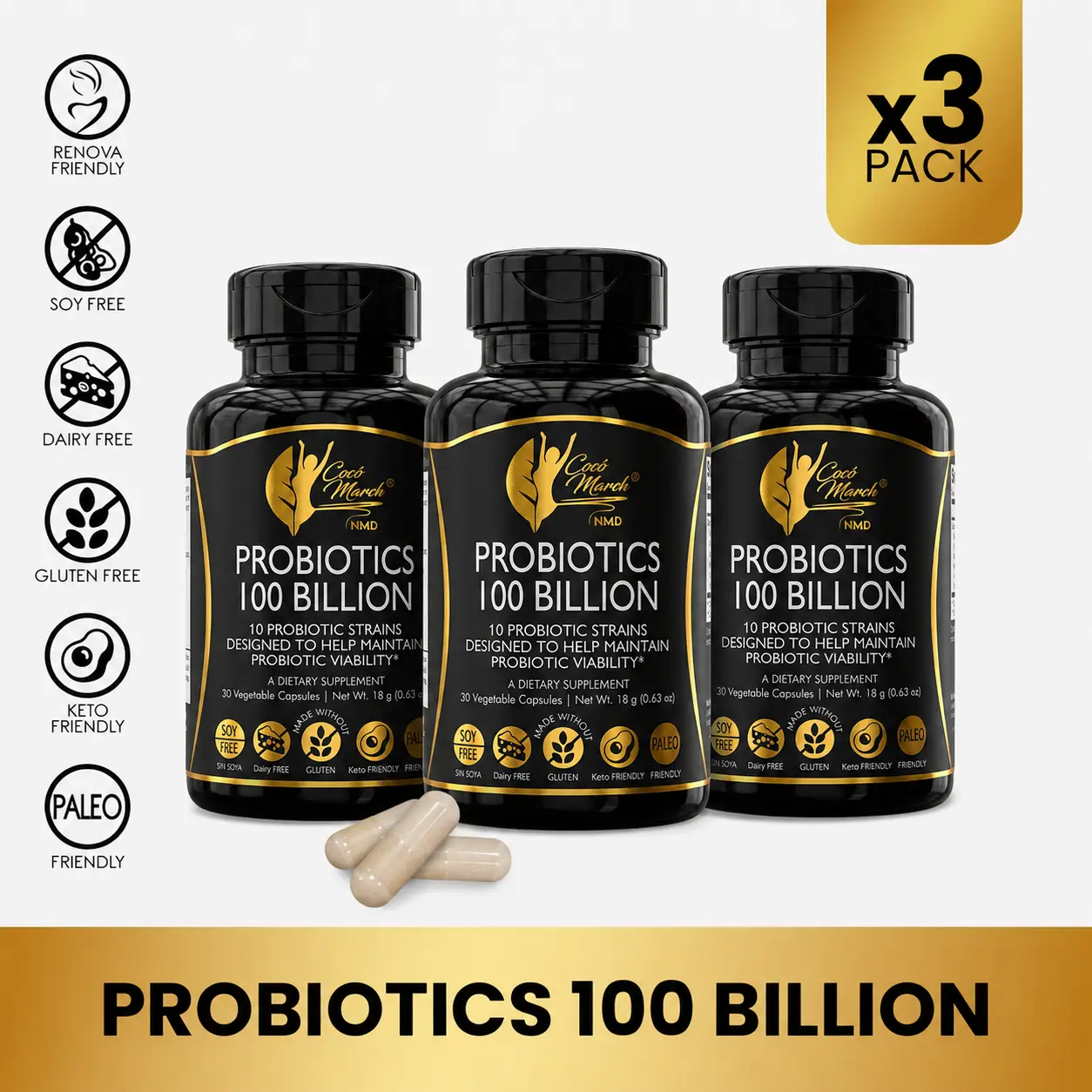 3 Bottles of Cocó March N.M.D Probiotics 100 Billion Dietary Supplement, Digestive Health Support Wellness-30 Capsules per Bottle