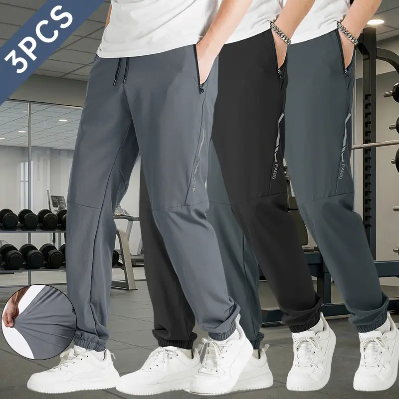 3PCS Men’s Stretch Quick-Dry Athletic Compression Jogger Pants, Elastic Drawstring Waistband, Zipper Pockets, Lightweight and Breathable, for Fitness, Running, Outdoor Activities and Casual Wear, Three-Color Set