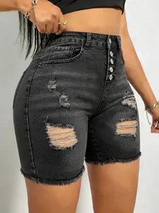 Button Front Unique Ripped Cut Denim Shorts, High Stretch Comfort, Fitted Not Tight, Durable Streetwear, Mid Waist, Frayed Hem