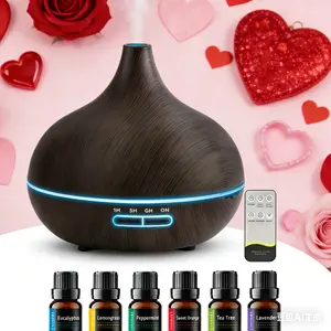 550ml Aromatherapy Diffuser with 6 Essential Oils Wood Grain Ultrasonic Humidifier Remote Control 7 Color LED Light Ideal for Christmas Birthday Housewarming fireplace flame dispensador aroma mini Gradient timer dual colorful USB Ultrasonic Diffuser Set