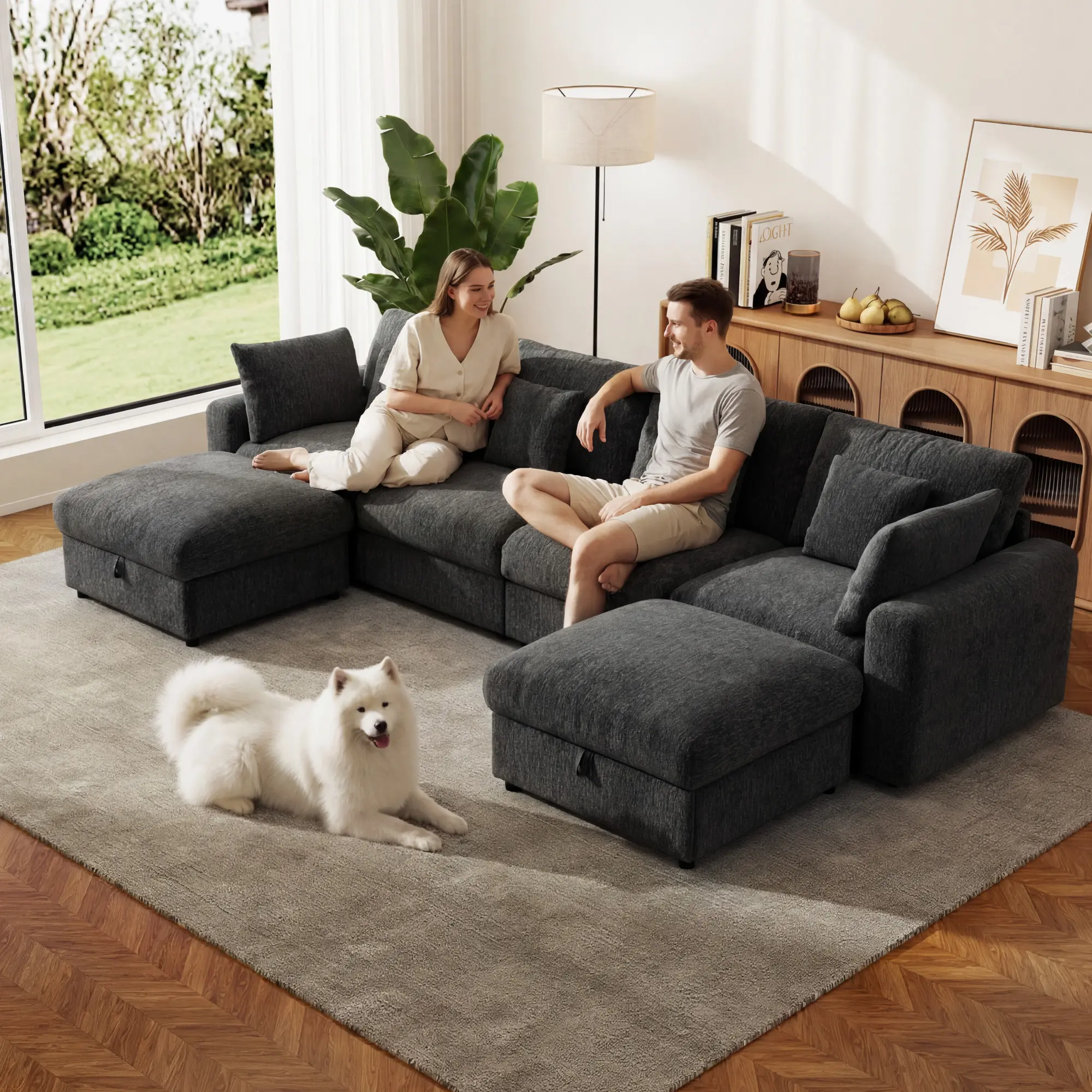 GuroMagicSofa 140" Extra Large Modular Chenille Beige Cloud Sofa - 2 Removable Storage Ottomans, Extra Deep Seat Couch, Indoor Living Room Furniture