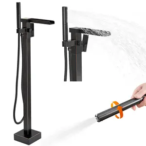 BESy Freestanding Brass Bathtub Faucet - Oil Rubbed Bronze Floor-Mount Single Handle Square Body Waterfall Tub Filler, 2-Mode Hand Shower Wand, European Style Bathroom Fixture, Two Modes