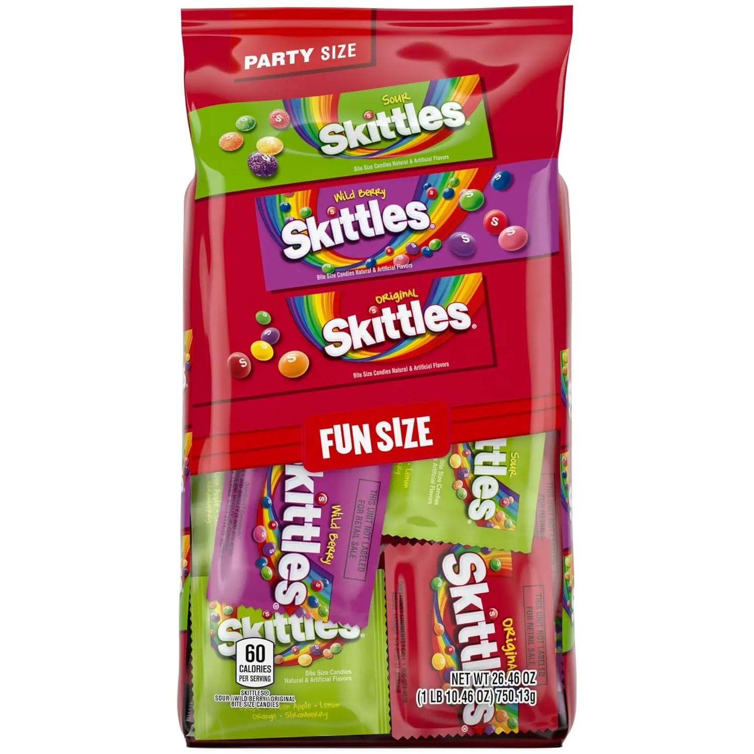 Wrigley's Skittles Fun Size Original, Wild Berry, and Sour Chewy Individually Wrapped Stocking Stuffers Christmas Candy Variety Pack, 26.46 Oz Bulk Bag