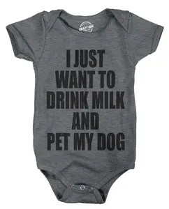 Creeper I Just Want to Drink Milk and Pet My Dog Funny Newborn Baby Shirt Cool Funny Baby Onesies Food Clothes for Baby Funny Dog Onesie Novelty Onesie Dark Grey