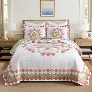 3 Pcs 100% Cotton Vibrant Floral Patchwork Quilt Bedspread Set - Flat Weave Design with Red Yellow Green Orange Colors - Queen Size Quilt & Pillow Shams - Reversible Style for Versatility