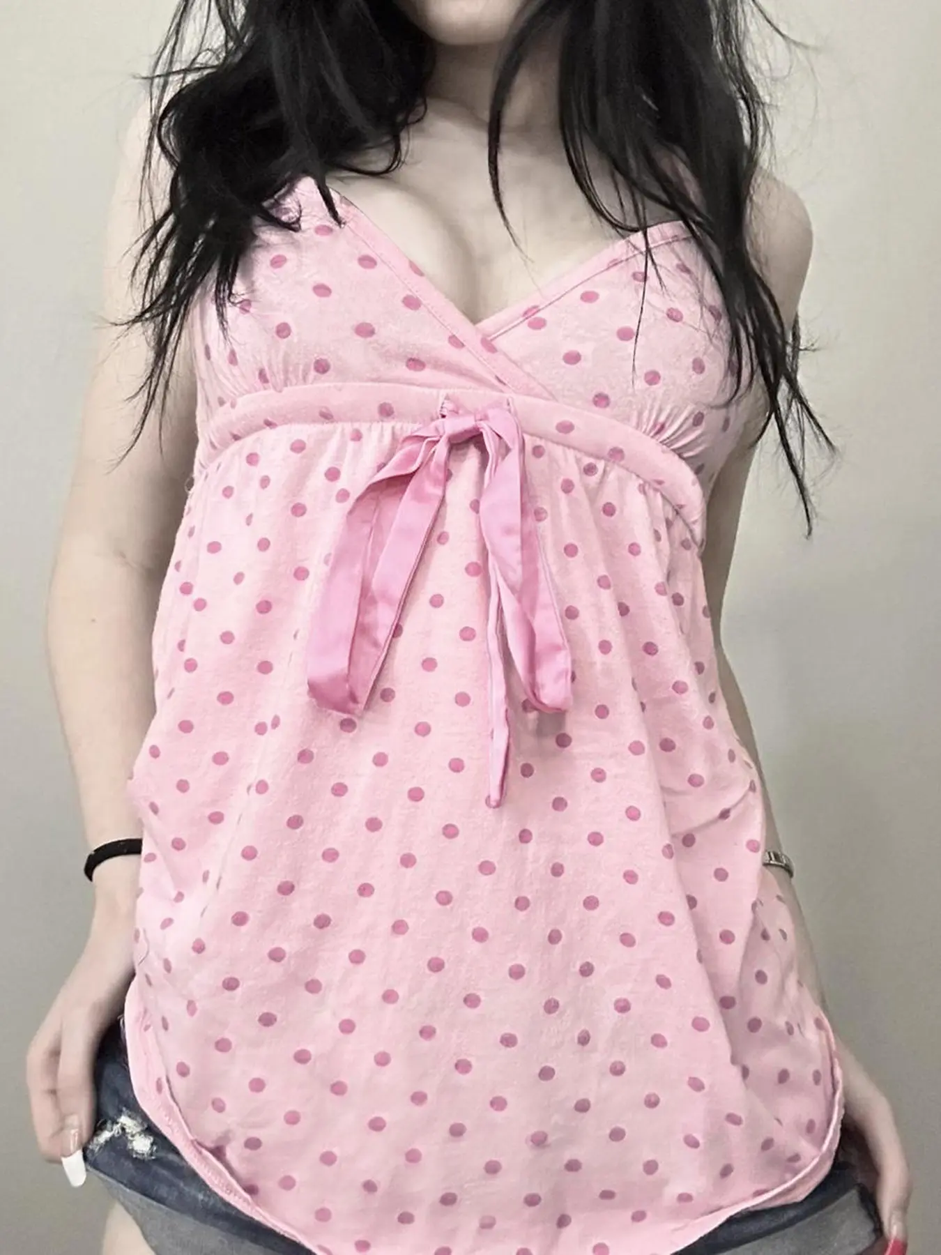 Sweet Polka Dot A-Line Loose Vest, Drawstring Bow Design, Cute Sexy Deep V Neck Tank Top, Y2K Style, Spring & Fall, Drawstring Ruched Cami