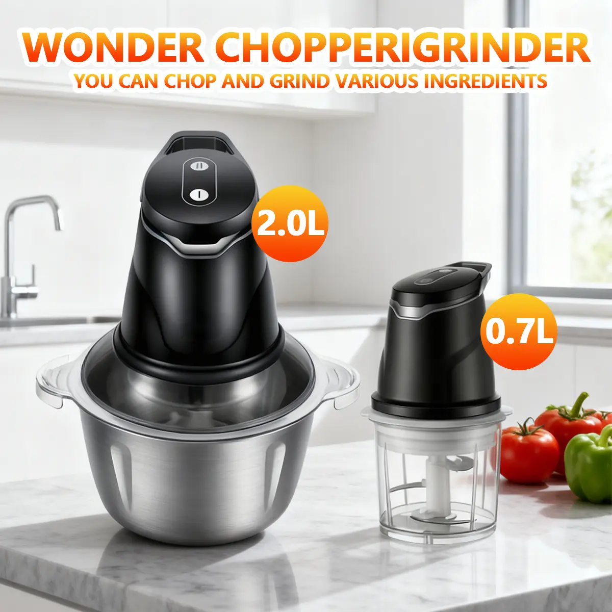Electric Food Chopper with 2 Bowls, Stainless Steel & Glass Bowl Mini Meat Grinder, 2 Speed Adjustable Food Processor with Sharp Blades, Multifunctional Electric Mincer for Meat Vegetables Fruits Onion Garlic, Household Kitchen Blender for Baby Food