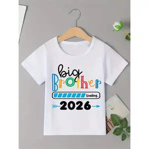 ' 2026 Big Brother Announcement T-Shirt - Pregnancy Reveal Outfit with Name & Footprint/Bar Code Print, Brother/Sister Gift, Machine Washable Toddler & Kids Clothing for New Announcement Parties