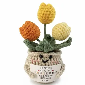 Cute Knitted Positive Tulip Flower Handmade Teacher Appreciation Gift Unique Birthday, Mother's Day & Valentine’s Day Present for Teachers, Mom, Her Meaningful Desk Decor Healing Support Gift for Teacher Office Desk Figurine