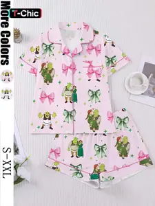 Shrek Fiona Bow Sleepwear Set, Cartoon Print Short Sleeve Shorts, Girls Homeewear, Couple Set, Family Set, Holiday Set, Pajama Set