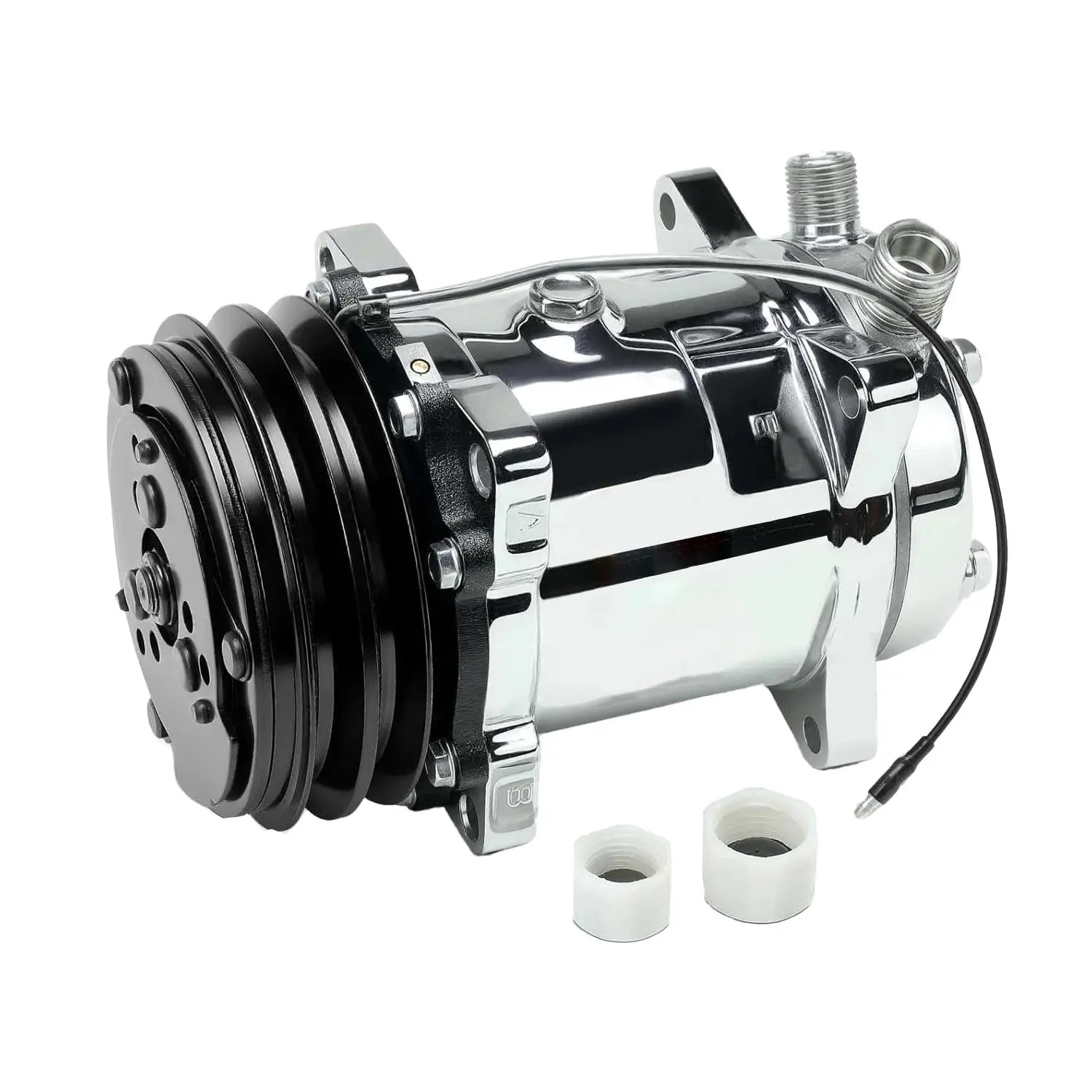 24V Sanden 508 Style A/C Compressor with Chrome 2-Groove V-Belt Clutch, Aluminum, R134a System Compatible