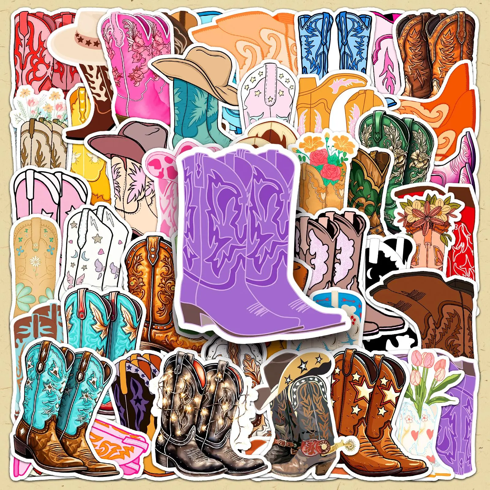 Cowboy Boots Pattern Sticker, 50pcs/set DIY Decorative Sticker, DIY Decals for Water Bottle, Laptop, Phone Case, Cellphone, Cover, Casing, Scrapbooking, Journal Making