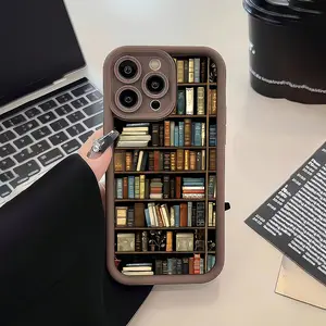 Brown high bamboo retro bookshelf pattern all inclusive TPU shock-absorbing Shockproof phone case Cover Casing Protection, suitable for iPhone 17 16e 16 15 14 13 12 11 Mini Pro Max Air X XR XSMAX 8 7 Plus, anti drop frosted back case