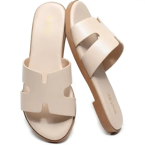 Womens Flat Sandals Open Toe Dressy Summer Sandals Comfortable Casual Slip on Leather Slides Sandals for women