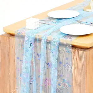 2 Pack Blue Snowflake Table Runner 29x120 Inch Princess Theme Birthday Party Decorations Lace Tulle Table Decor  Dining Room Kitchen Holiday Wedding Anniversary Veil Decor