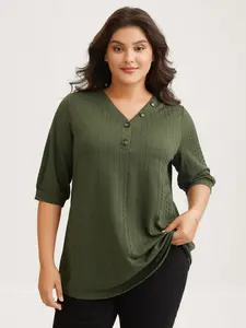 BloomChic Women's Army Green Basic Knit Top - V-Neck, Elbow-Length Sleeves, Gathered, Regular Fit, Low-Stretch Spandex Fabric, Arm-Flattering Lady's Garment for Everyday Wear Knitwear Womenswear Swimweek