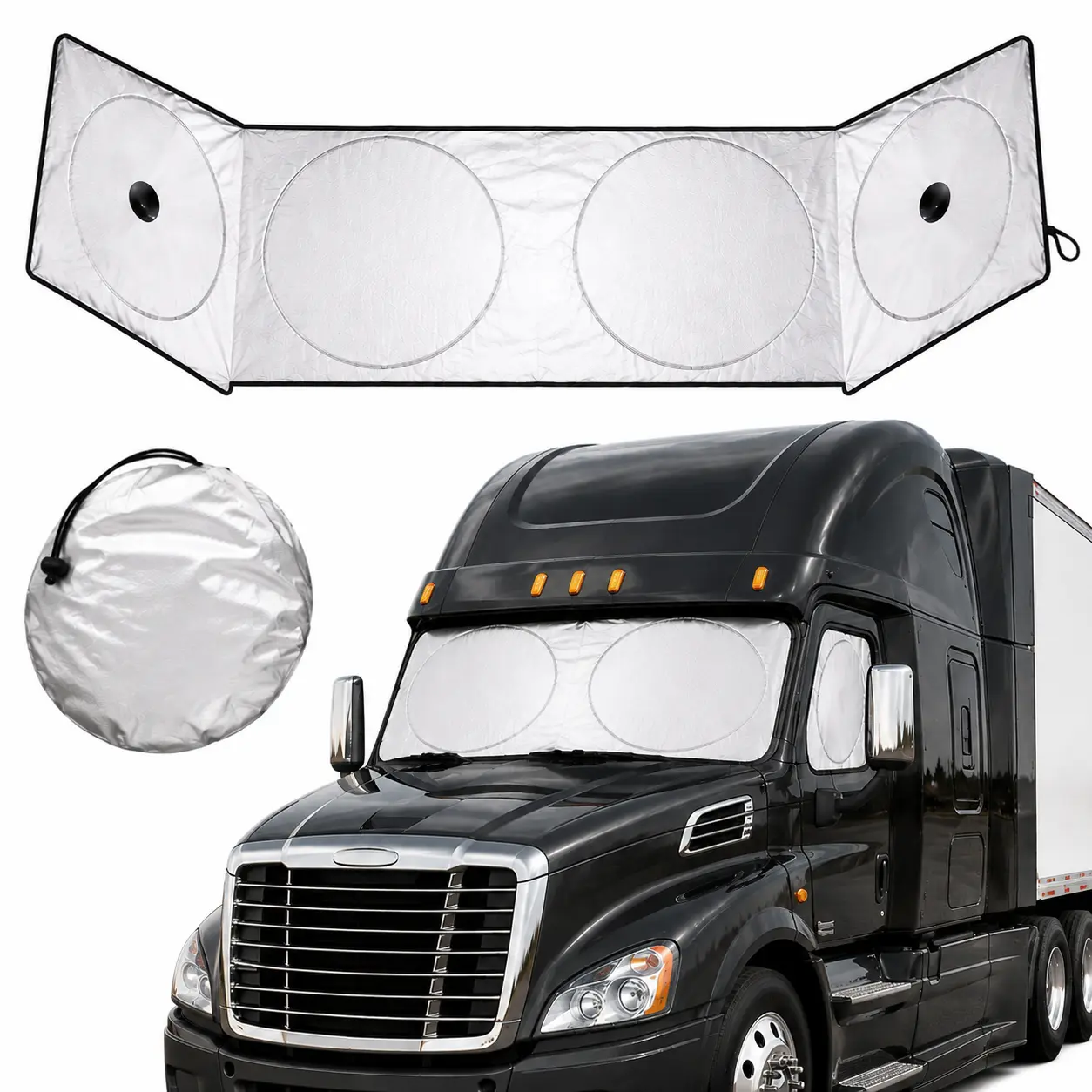 Semi-Truck Shade for Windshield and Side Windows  240T Sunshade Maximum Coverage Block  Heat Rays Fits for Semi, Commercial & Big Rig Truck, RV (Side window suction cups ) front window Universal Suction Cup Window Shades sun