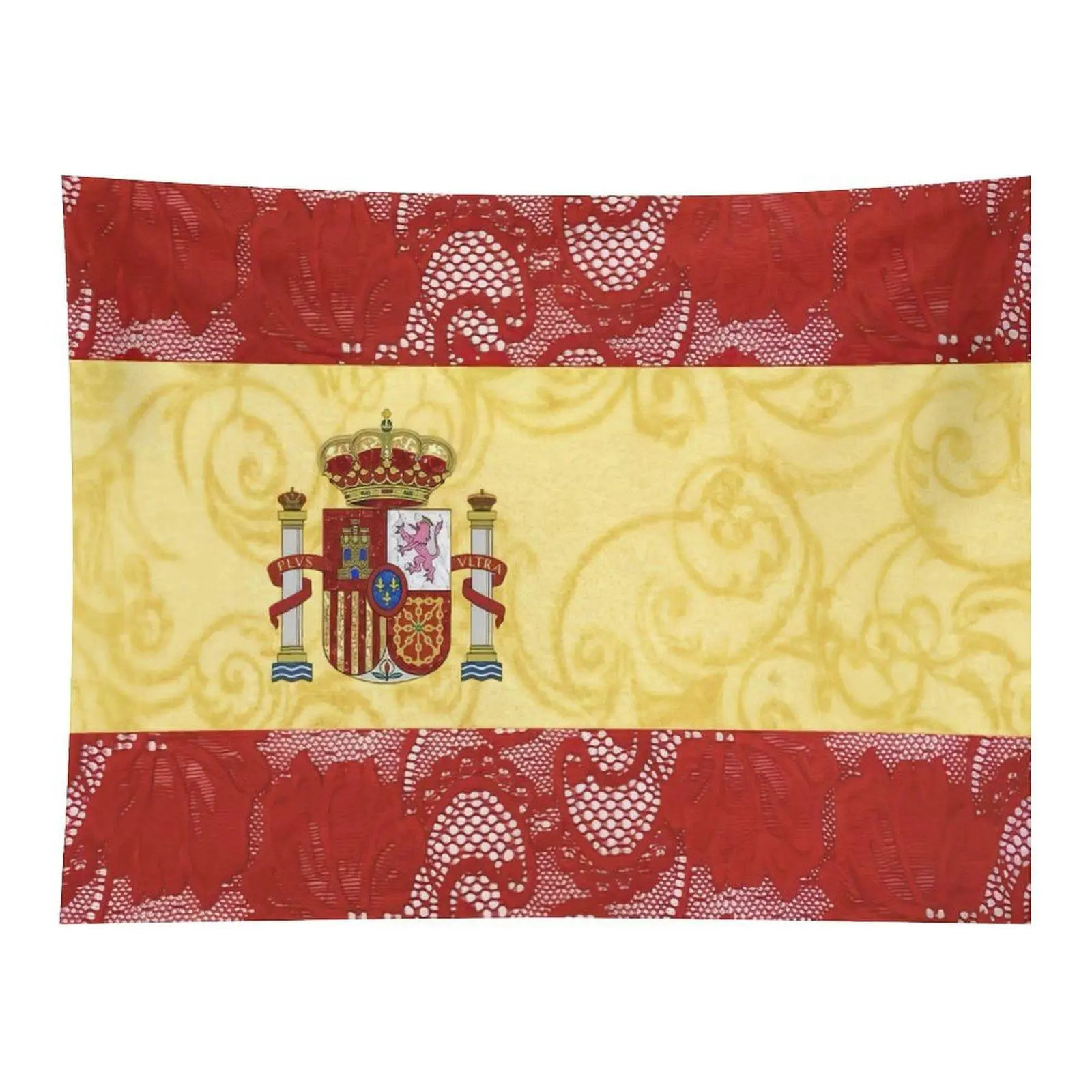 Spain National Flag Ornate Golden Coat Of Arms Red Rose Lace Trim Elegant European Country Flag Wall Tapestry For Living Room Patriotic Decor