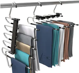 Space-Saving 5-Layer Pants Hangers - Non-Slip Stainless Steel Rack for Trousers, Scarves, and Skirts.