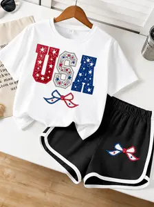 Girls' 2-Piece Patriotic Outfit Set, USA Graphic Short Sleeve T-Shirt and Bow Print Shorts, Summer Casual Kids' Clothes
