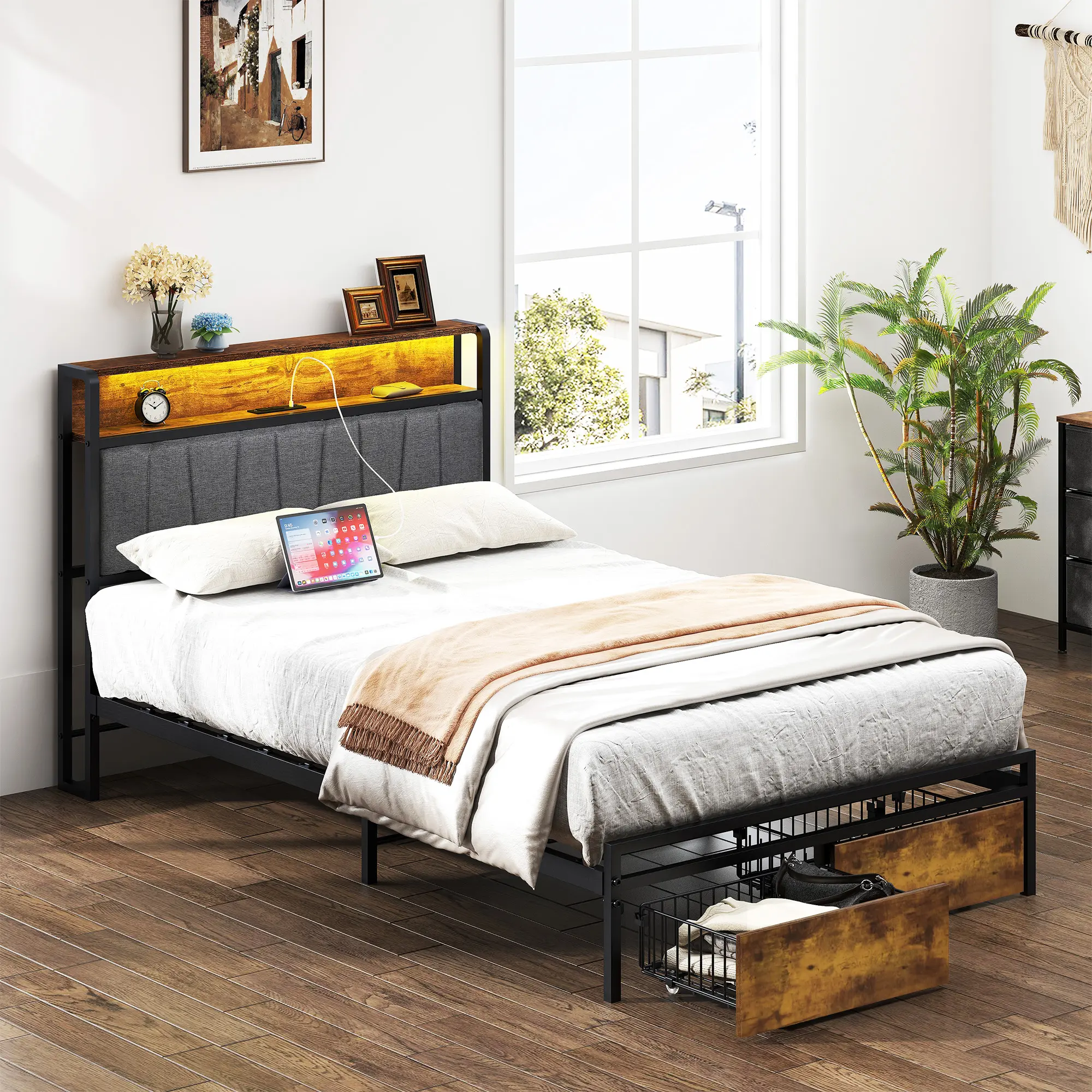 Twin Size Metal Bed Frame for Single Person - Storage Headboard with Compartments, Charging Port, USB Port, Drawers, Noise-Free Design, No Box Spring Needed, Twin Bed Frame, Linen Drawer Stash