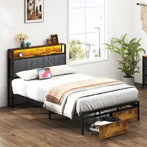 Twin Size Bed Frame, Storage Headboard with Charging Station, Stable Metal Bed Frame with Drawers, Noise Free, No Box Spring Needed
