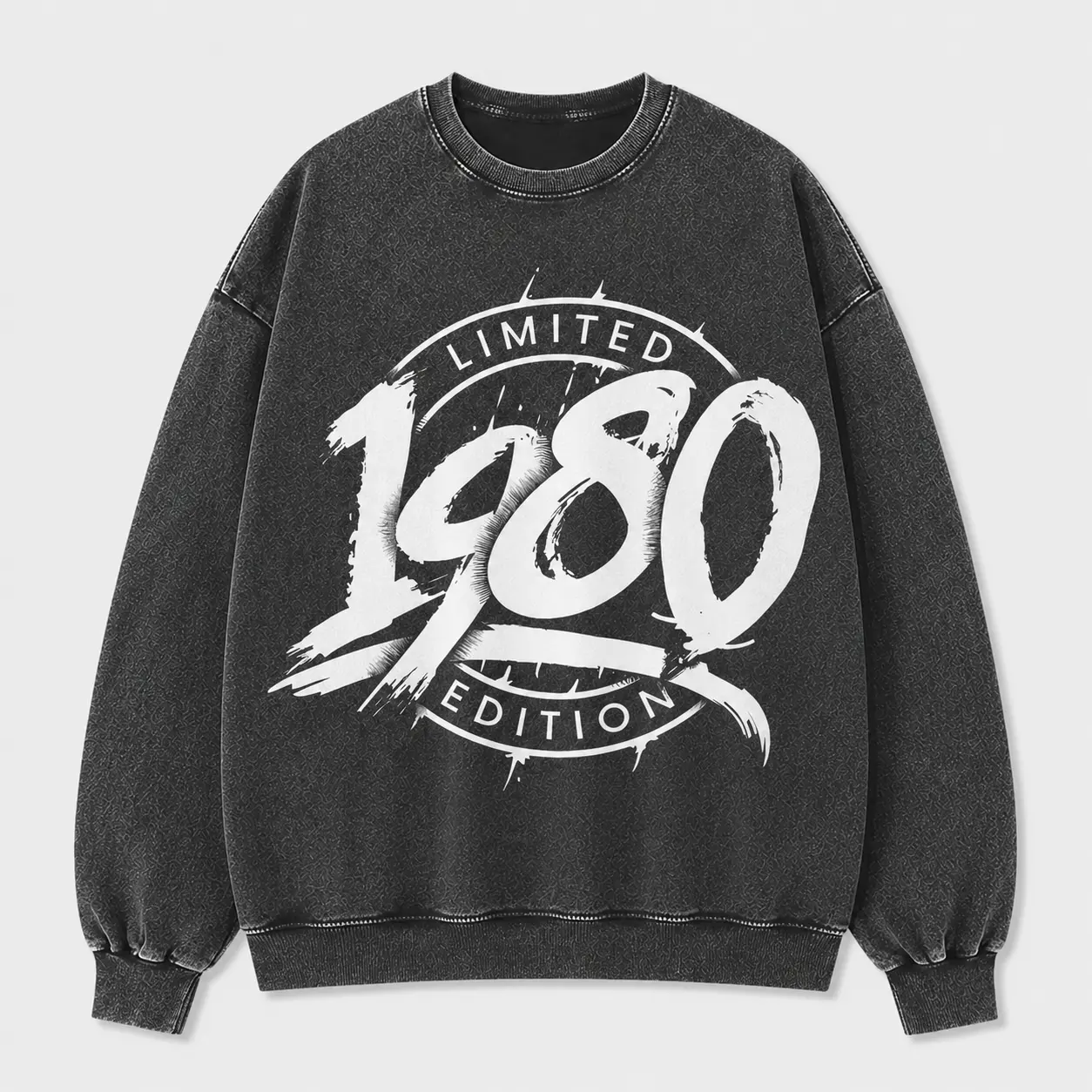 Vintage 1980 Limited Edition Washed Sweatshirt for Men Women, Black Crew Neck Long Sleeve Pullover, Birth Year Graphic Casual Birthday Top, Size S-5XL